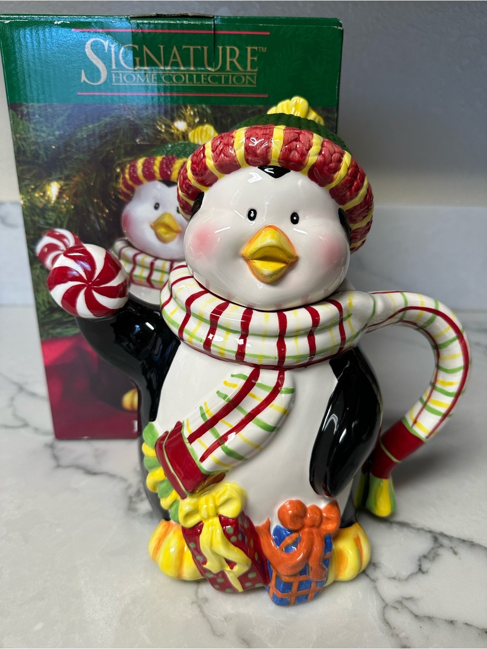 Adorable Christmas Penguin Cookie/Candy Jar Wearing Scarf  & Hat